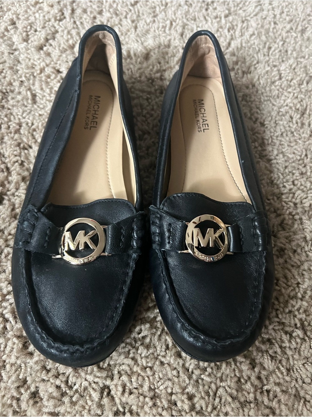 Michael Kors Black Leather MK Logo Loafers - Gold Accent
